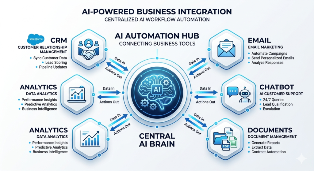 AI automation system connecting CRM, chatbot, email and workflows