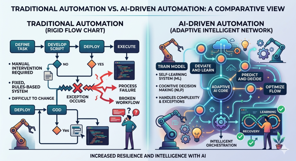 comparison between traditional automation and AI powered automation systems